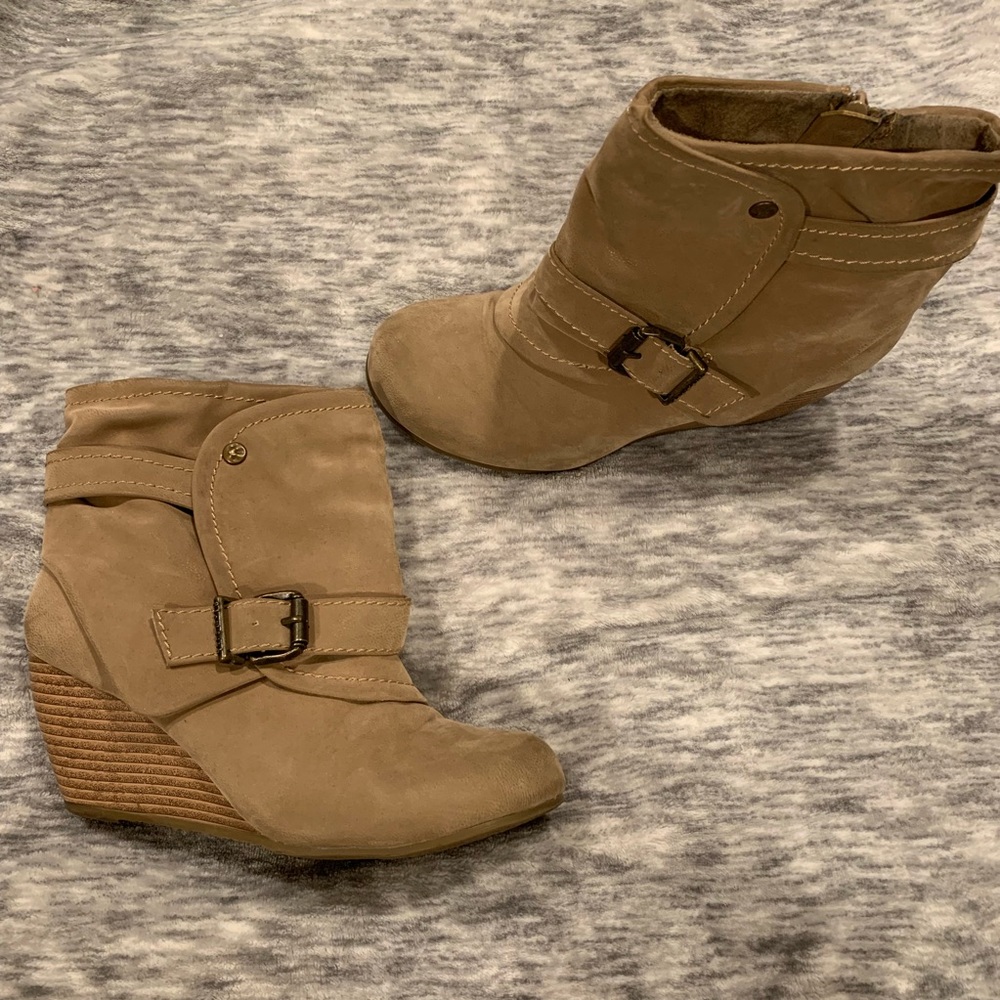 Tan belted booties
